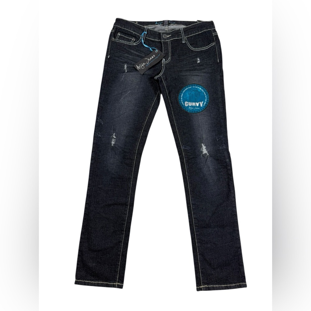 Ariya Jean Sz 11/12 Curvy Skinny Dark Wash Stretch Denim Mid Rise Distressed NEW